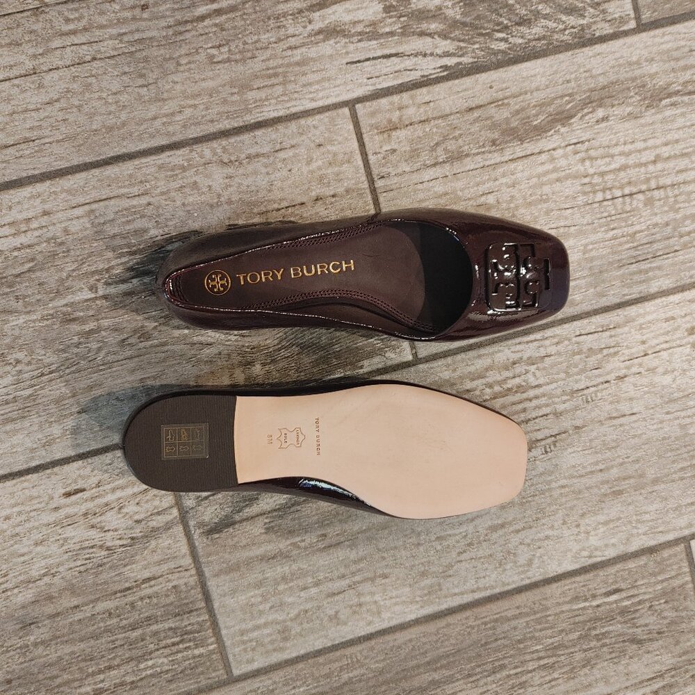 Tory Burch square toe 'Georgia' leather Flats. Patent Leather, color dark plum.